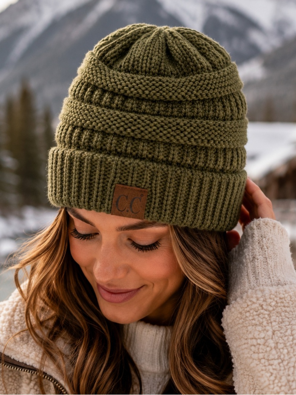 C.C Olive Green Cable Knit Beanie Hat Chunky Winter Acrylic Stretch Skully Cap